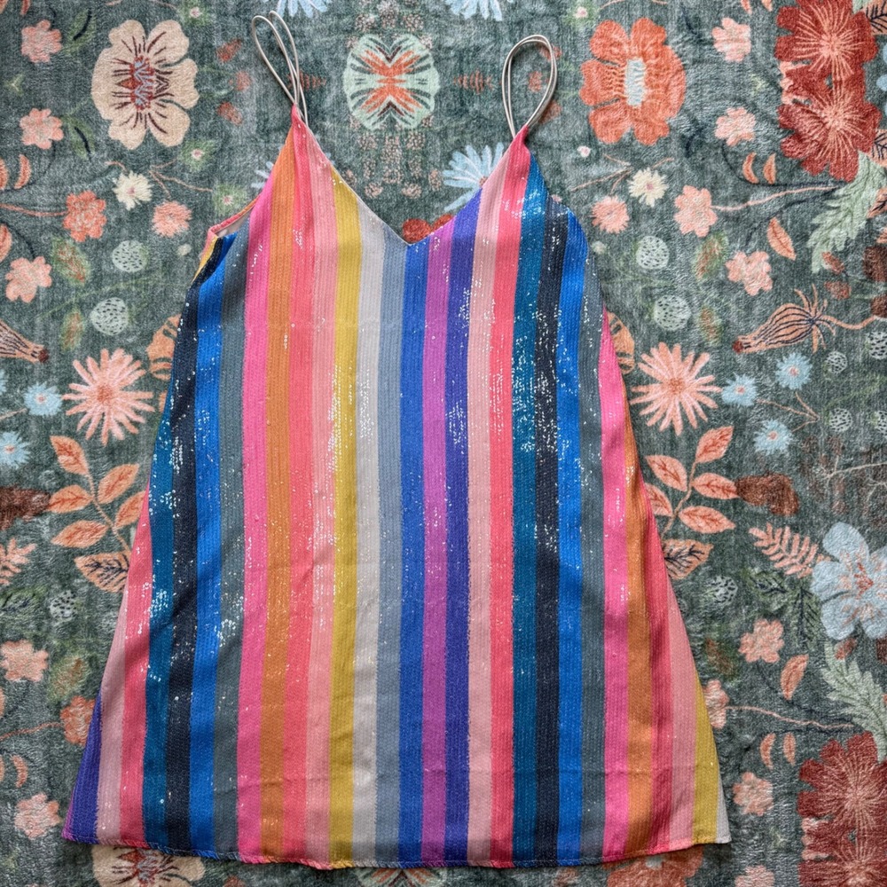Storia Sequin Striped Mini Dress Multi Color V-Neck Sleeveless Party SD2148 S